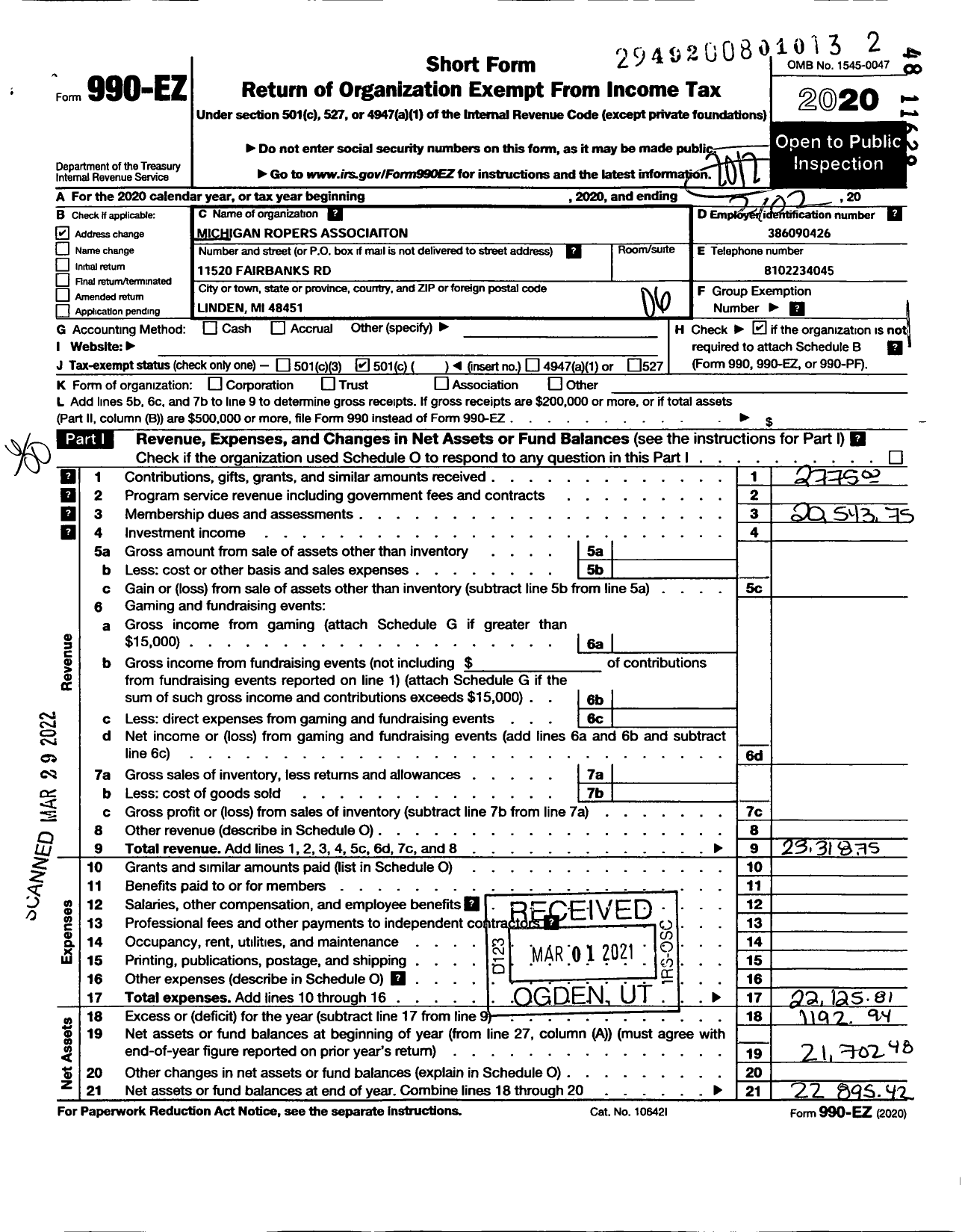 Image of first page of 2021 Form 990EO for Michigan Ropers Association