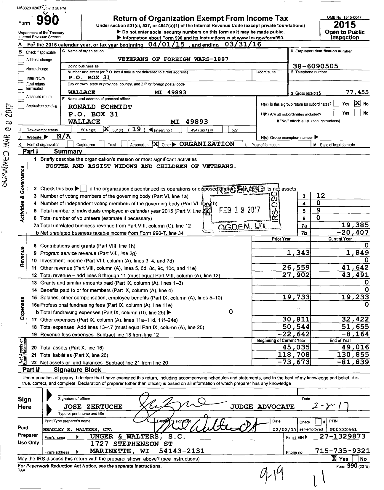 Image of first page of 2015 Form 990O for VFW Department of Michigan - Dist 14 1887 Menominee