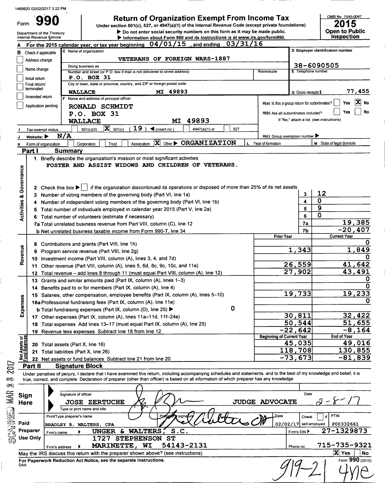 Image of first page of 2015 Form 990O for VFW Department of Michigan - Dist 14 1887 Menominee