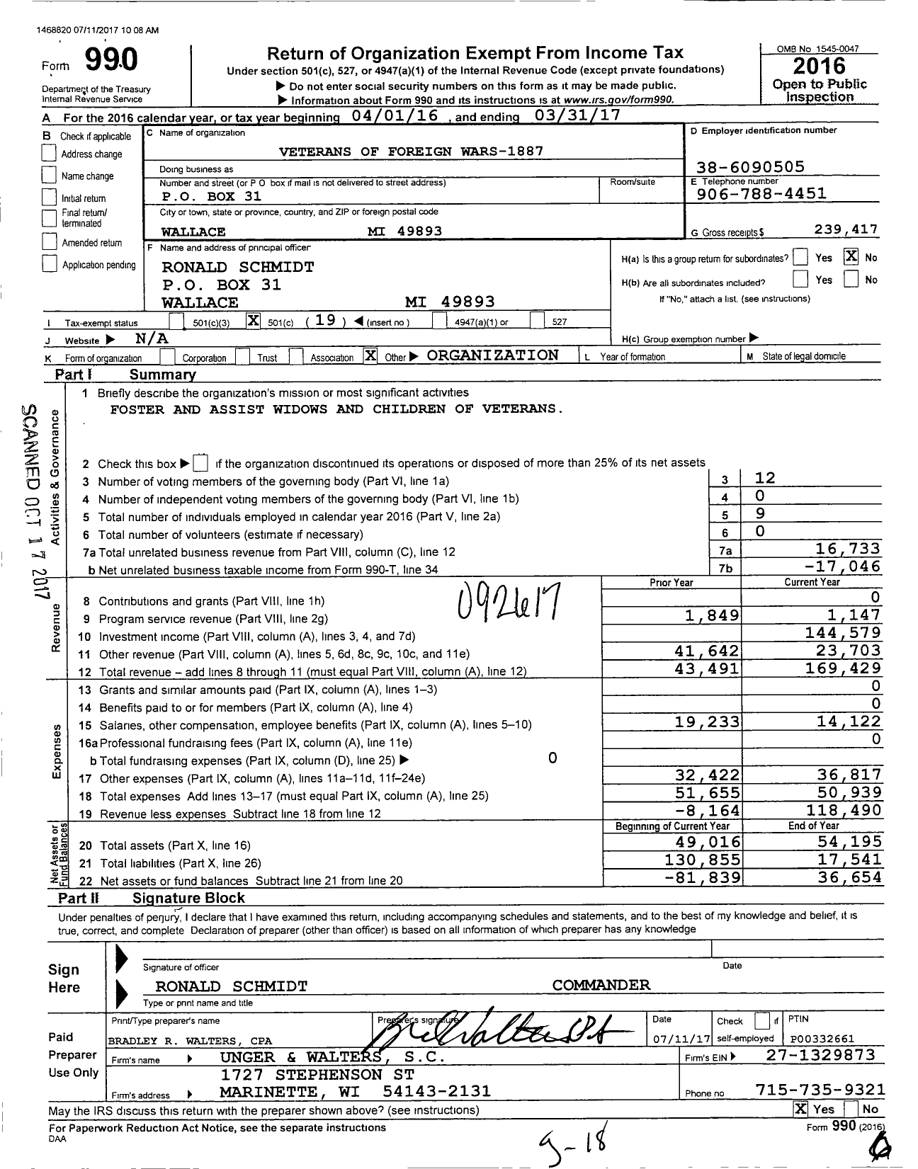 Image of first page of 2016 Form 990O for VFW Department of Michigan - Dist 14 1887 Menominee