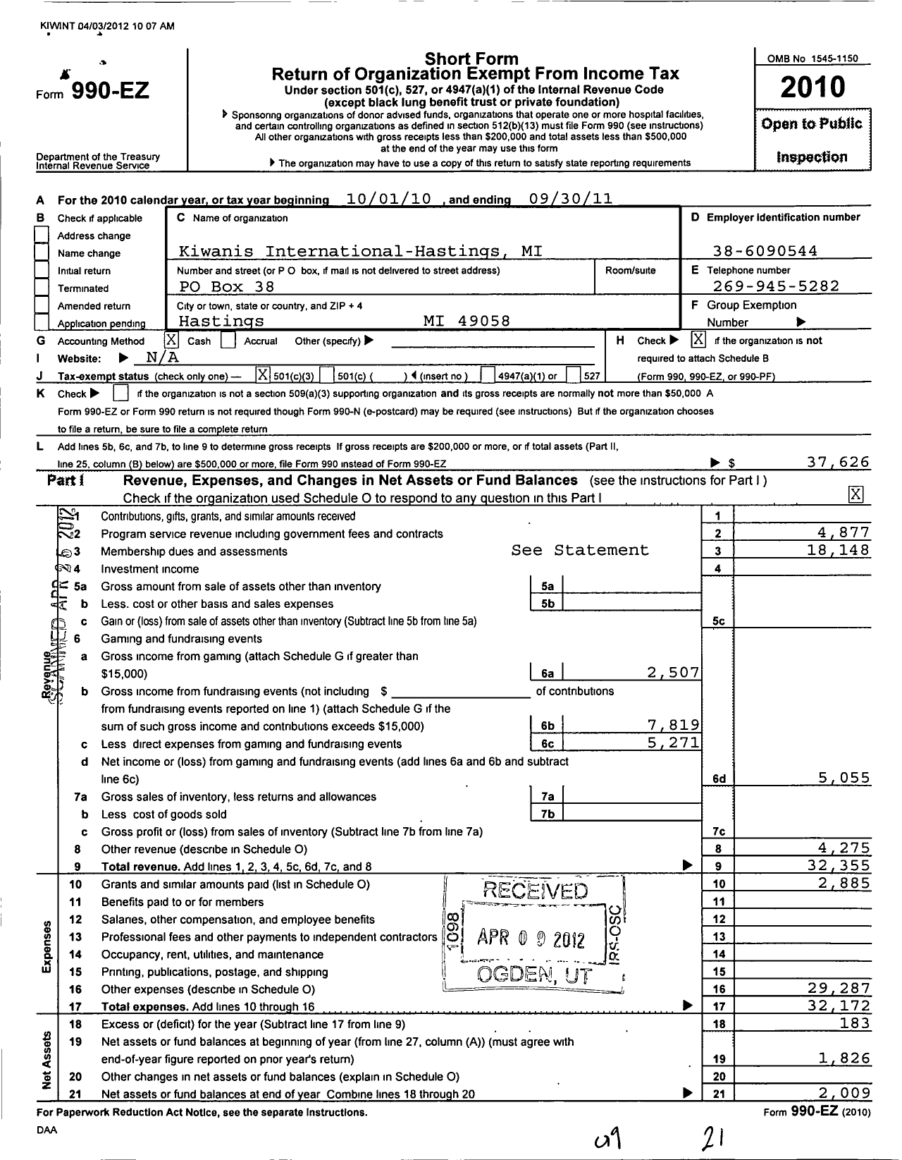 Image of first page of 2010 Form 990EZ for Kiwanis International - K02467 Hastings