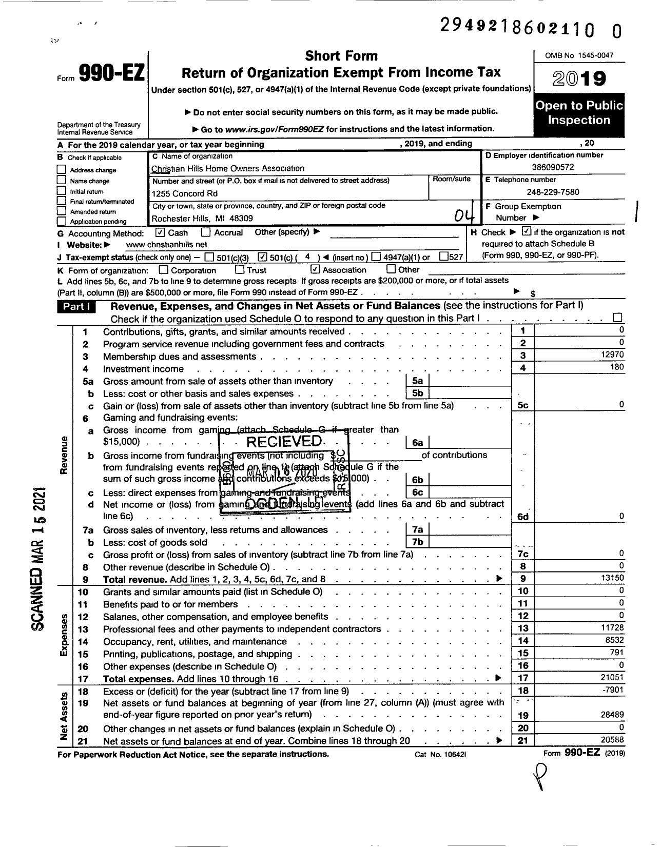 Image of first page of 2019 Form 990EO for Christian Hills Association