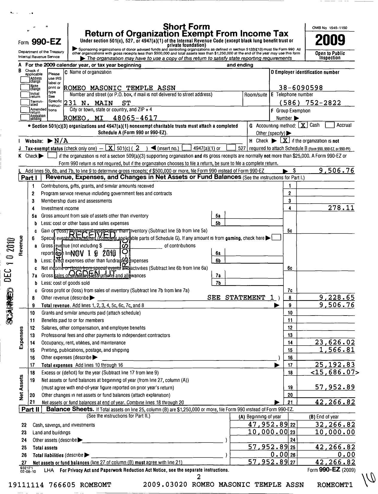 Image of first page of 2009 Form 990EO for Romeo Masonic Temple Association