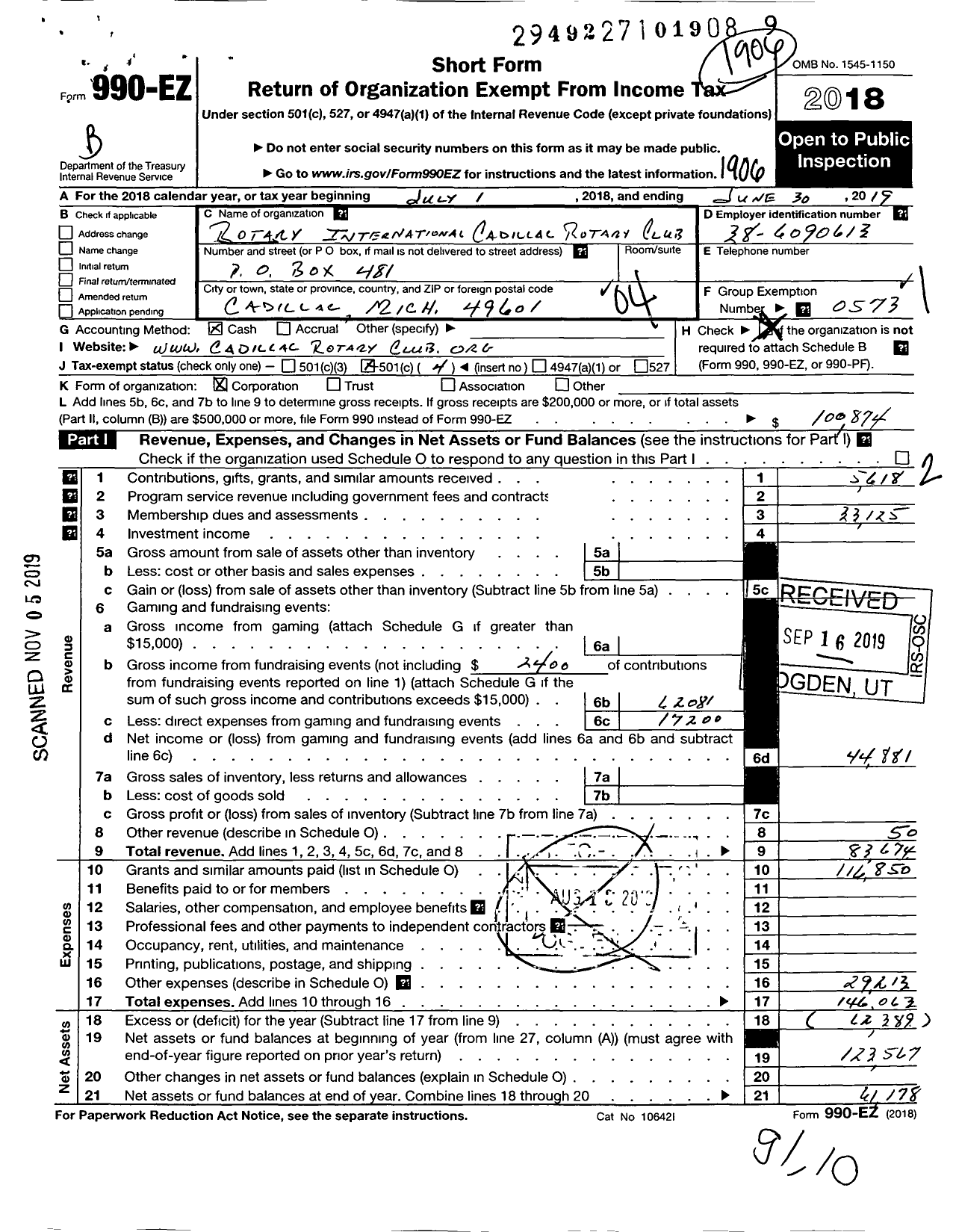 Image of first page of 2018 Form 990EO for Rotary International - Cadillac Rotary Club