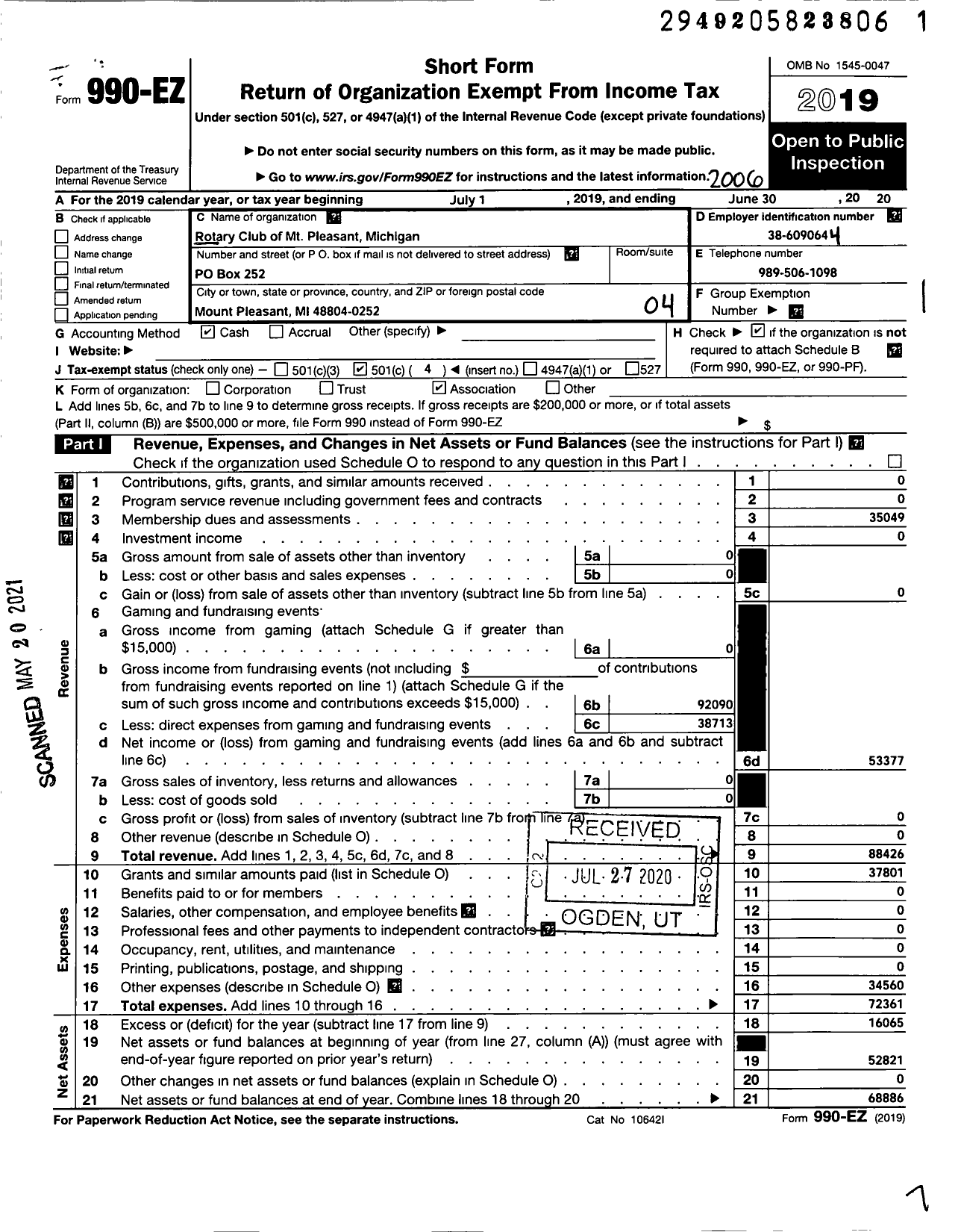 Image of first page of 2019 Form 990EO for Rotary Club of MT Pleasant Michigan