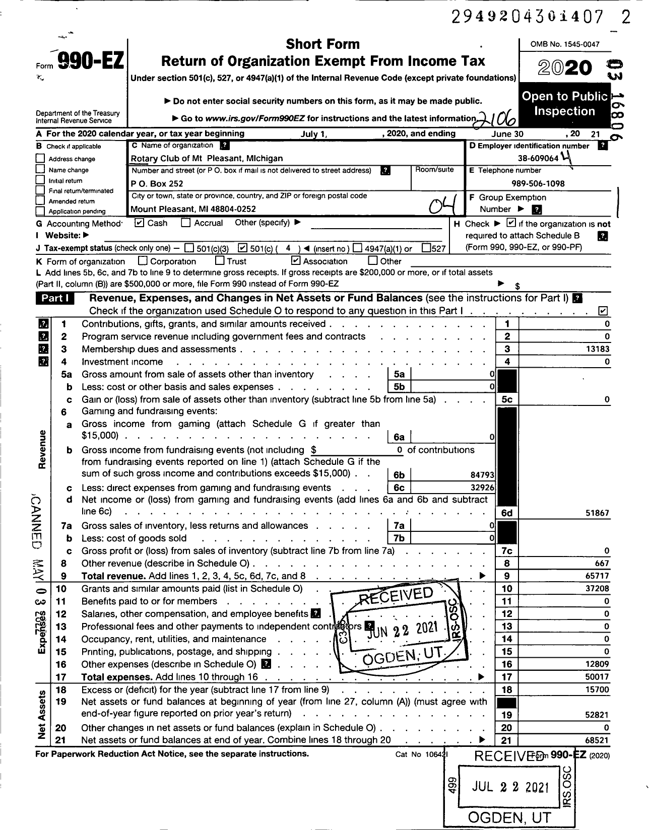 Image of first page of 2020 Form 990EO for Rotary Club of MT Pleasant Michigan