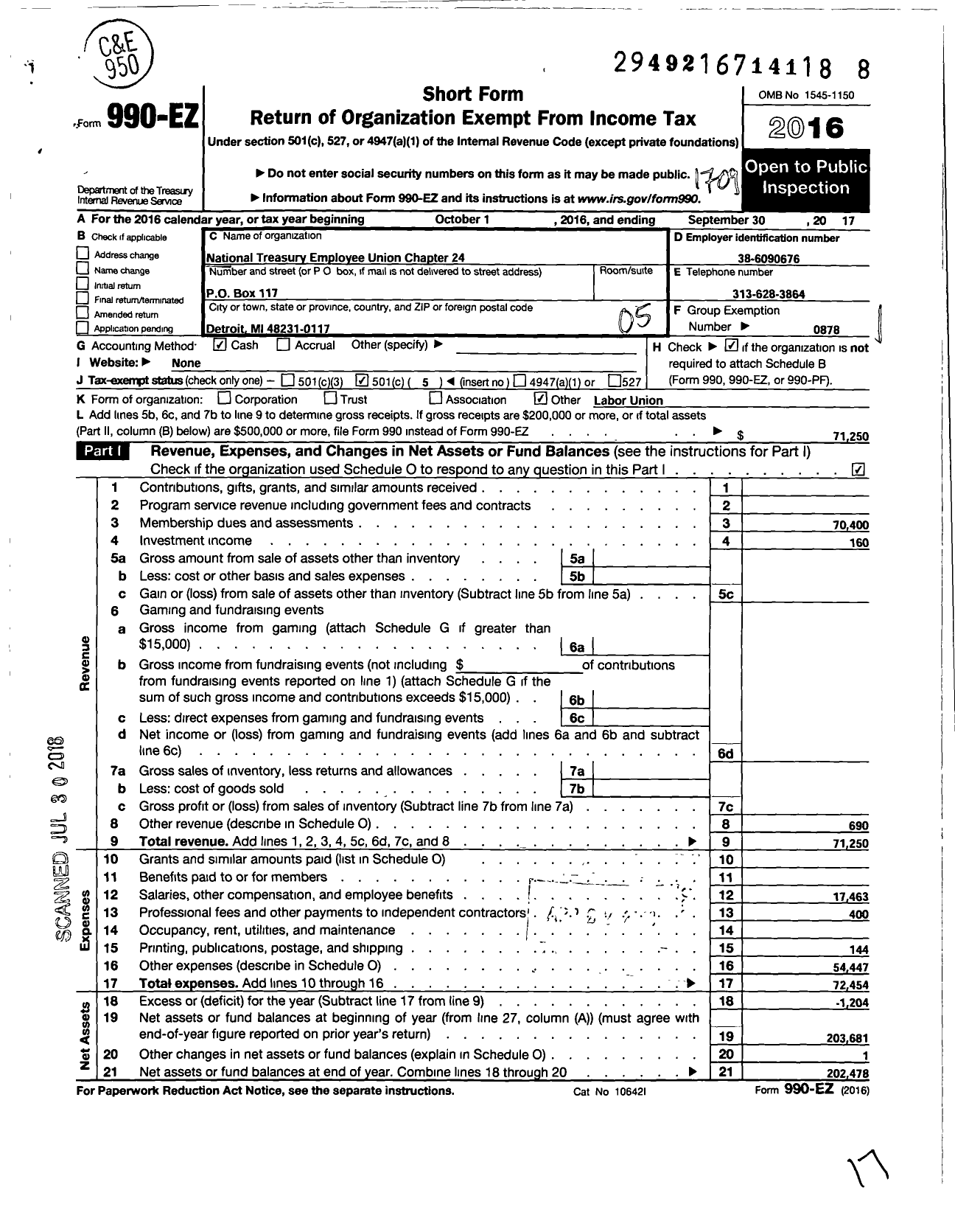 Image of first page of 2016 Form 990EO for National Treasury Employees Union - 24 Nteu