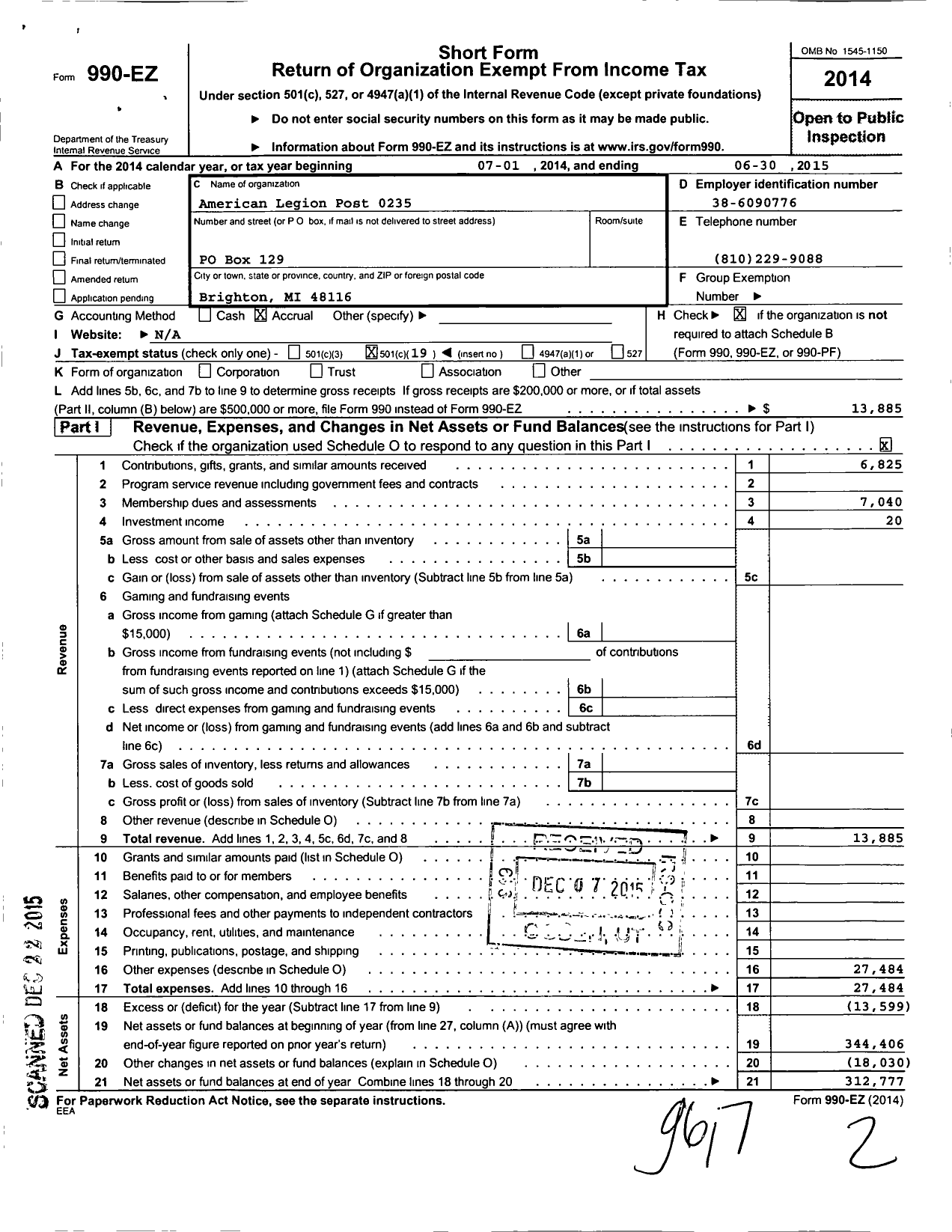 Image of first page of 2014 Form 990EO for American Legion - 0235 Jesse B Cooley Post