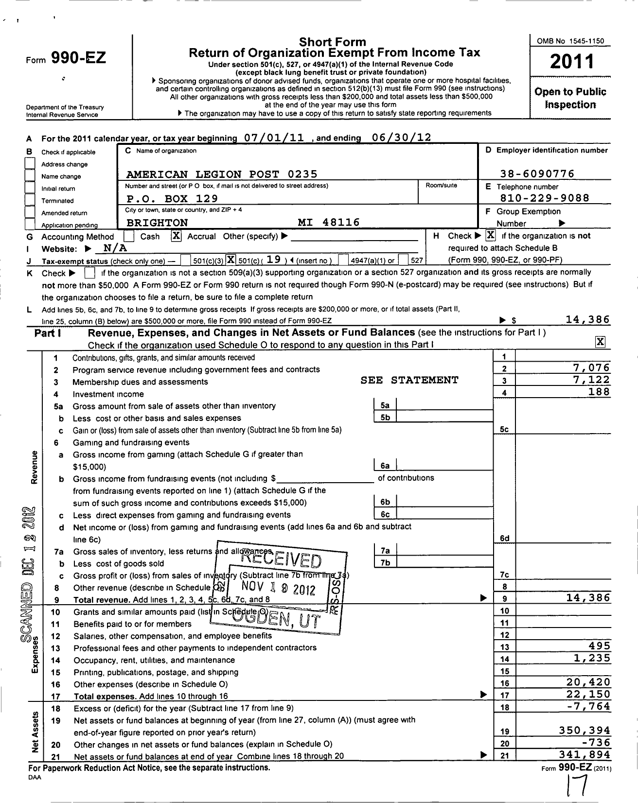 Image of first page of 2011 Form 990EO for American Legion - 0235 Jesse B Cooley Post