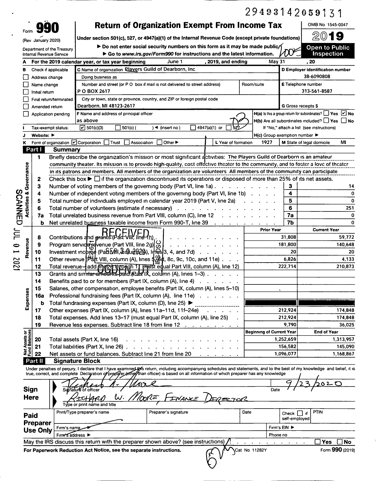 Image of first page of 2019 Form 990 for Players Guild of Dearborn