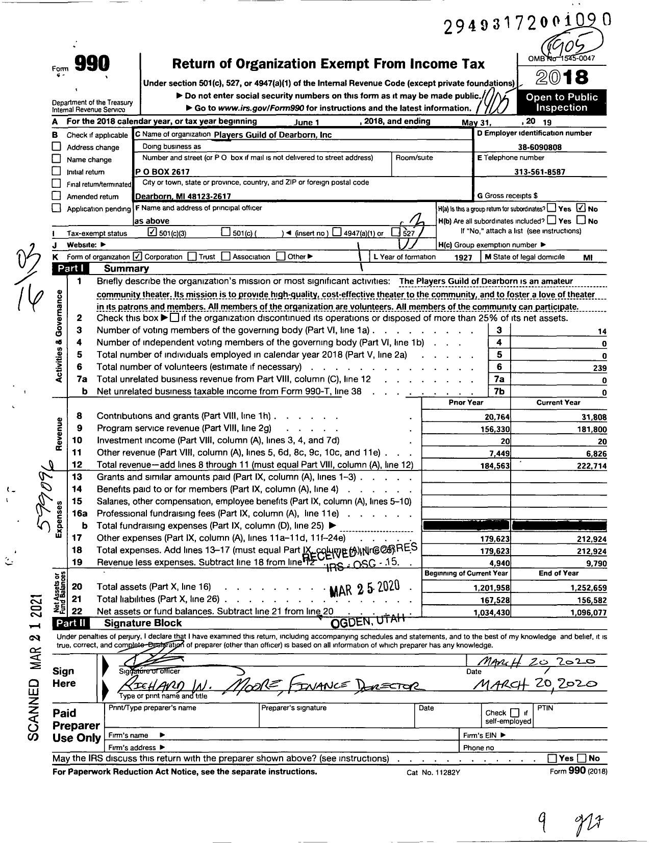 Image of first page of 2018 Form 990 for Players Guild of Dearborn