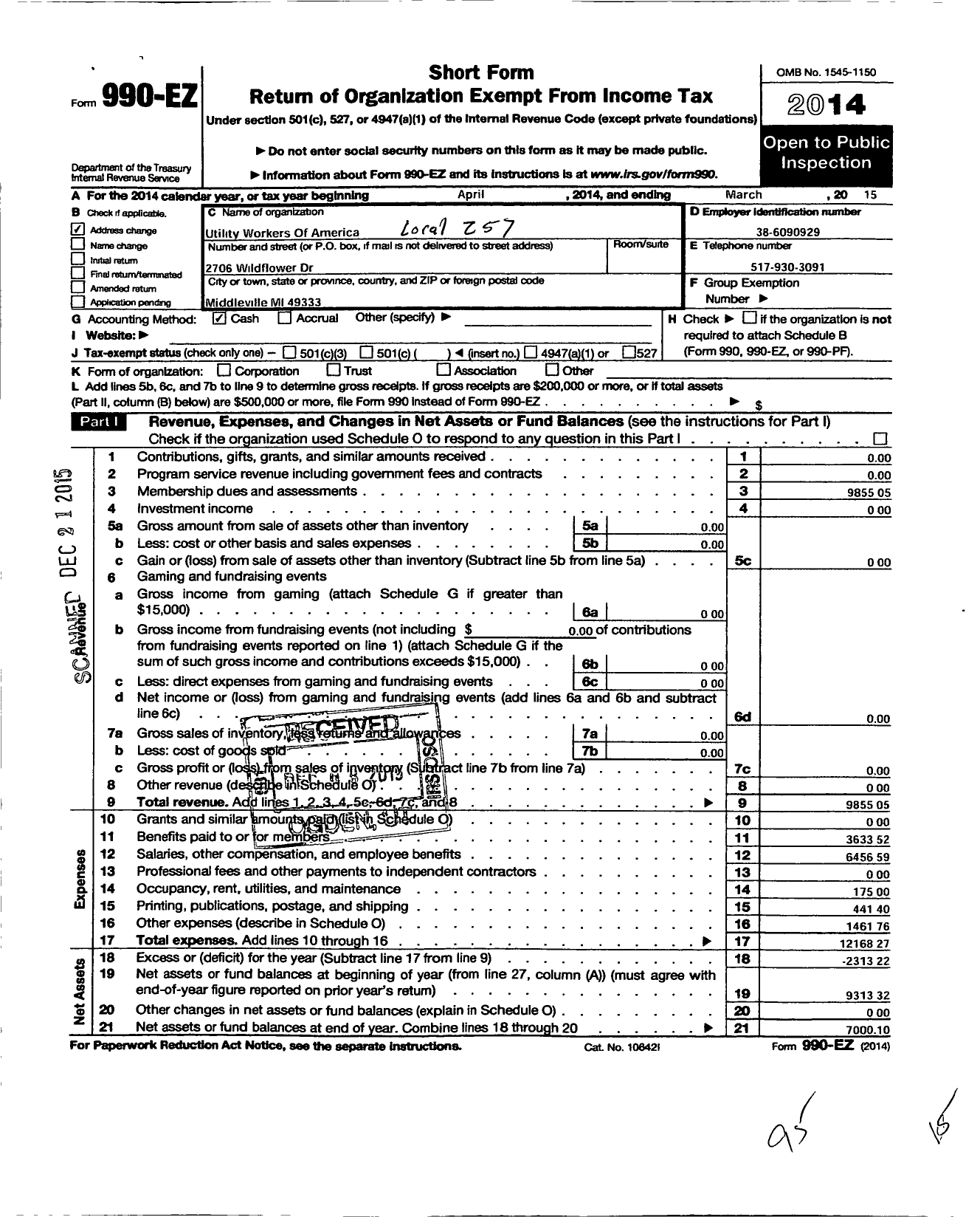 Image of first page of 2014 Form 990EO for Utility Workers Union of America - 257 Uwua