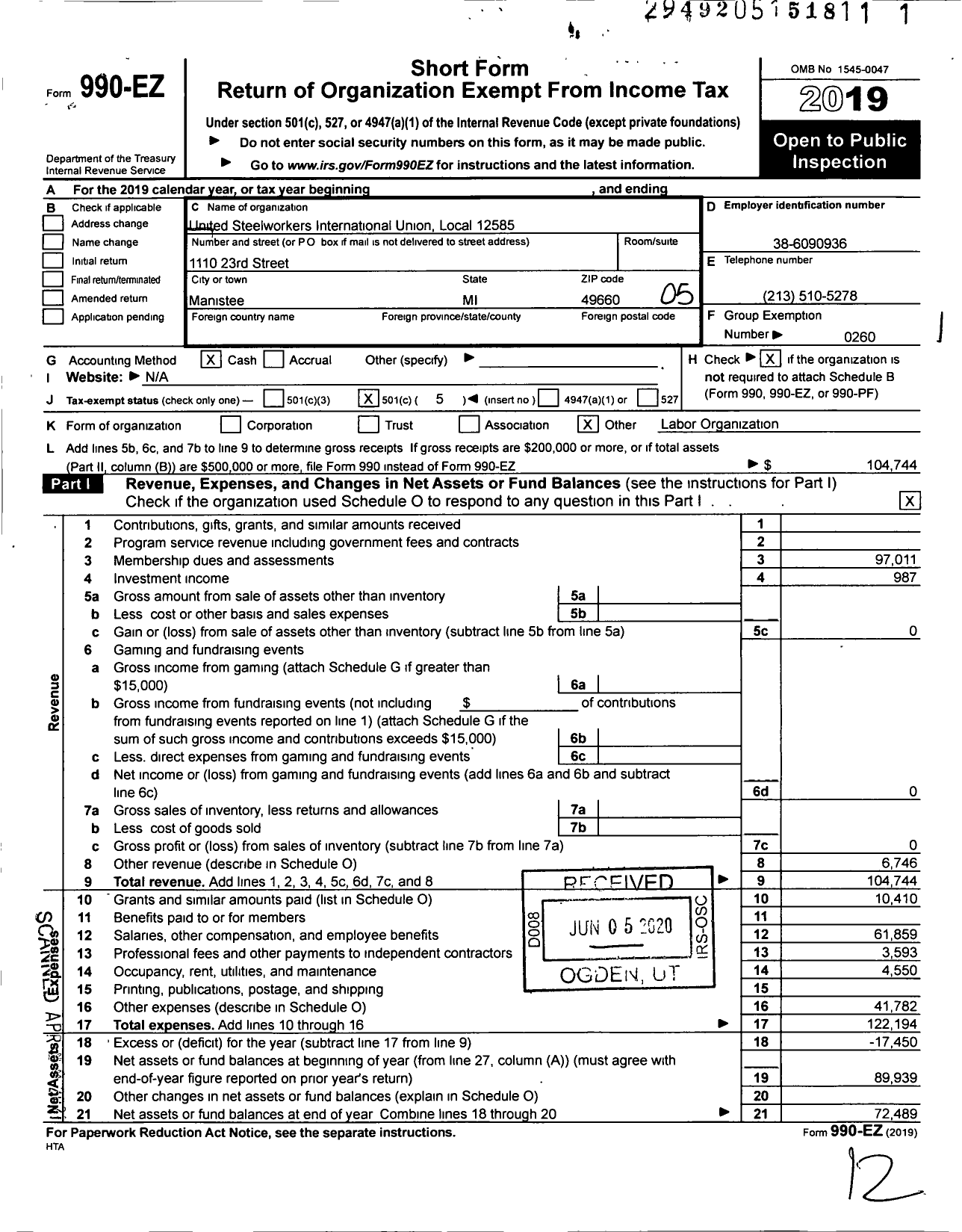 Image of first page of 2019 Form 990EO for United Steelworkers - 12585 Local