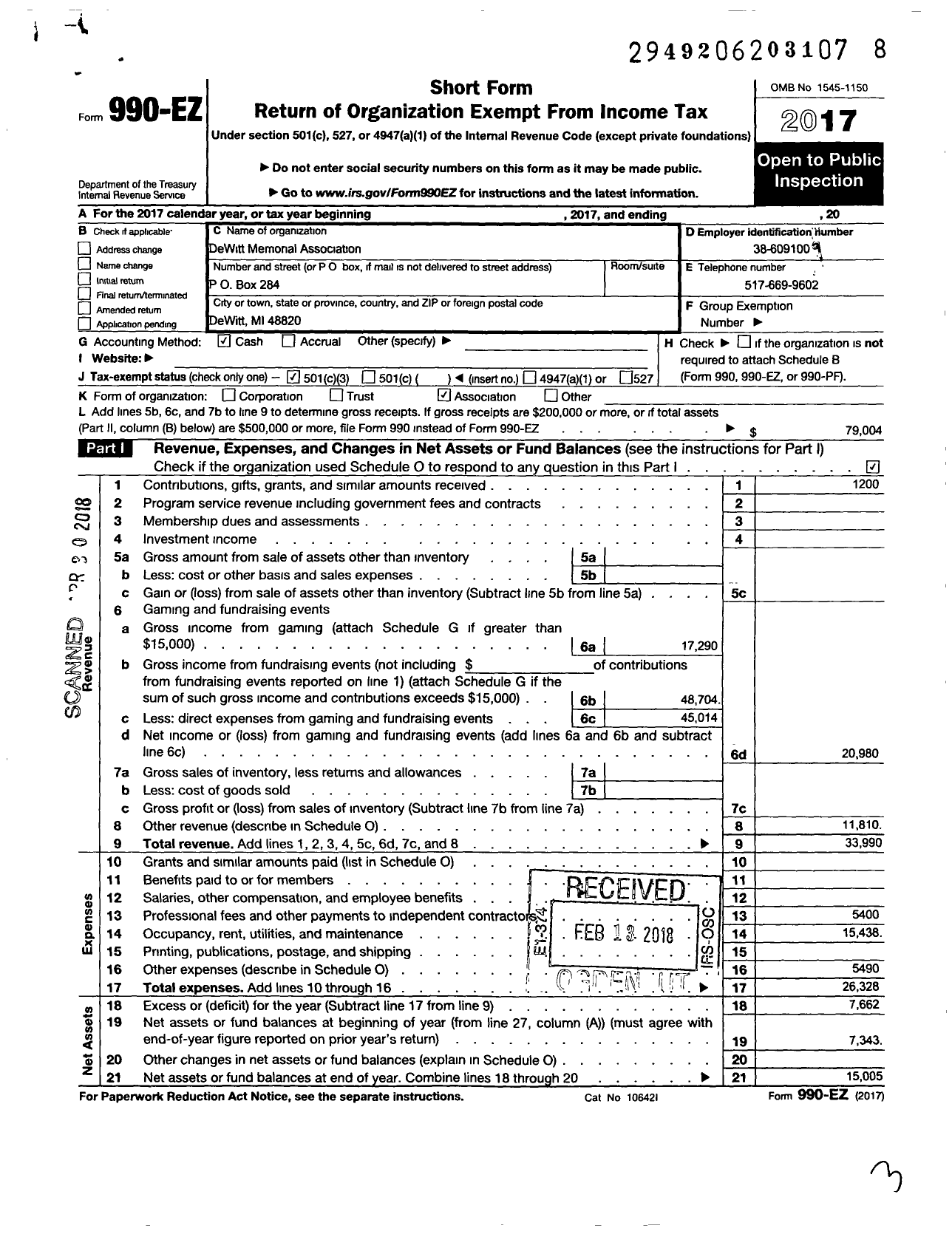 Image of first page of 2017 Form 990EZ for Dewitt Memorial Association