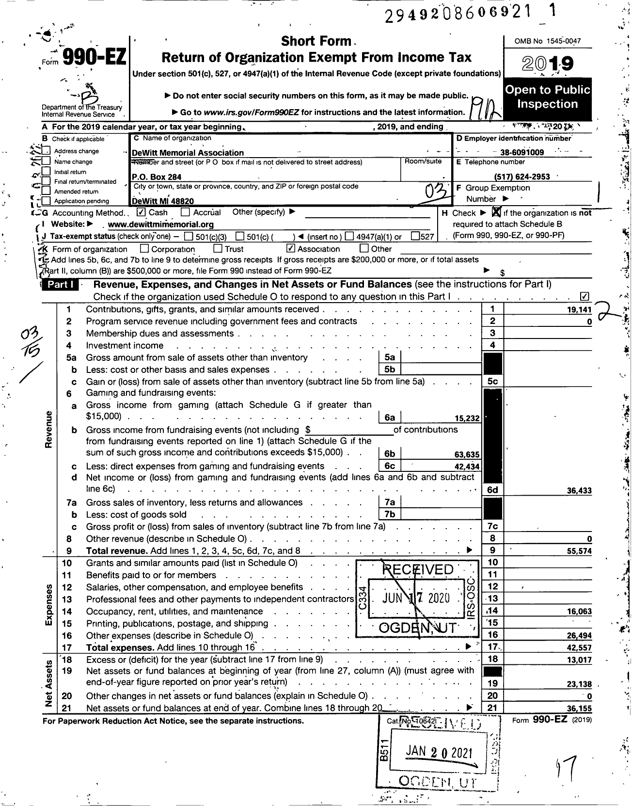 Image of first page of 2019 Form 990EZ for Dewitt Memorial Association