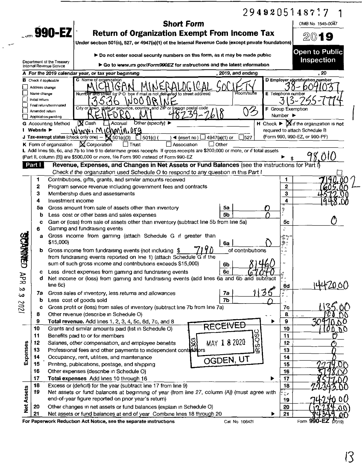 Image of first page of 2019 Form 990EZ for Michigan Mineralogical Society