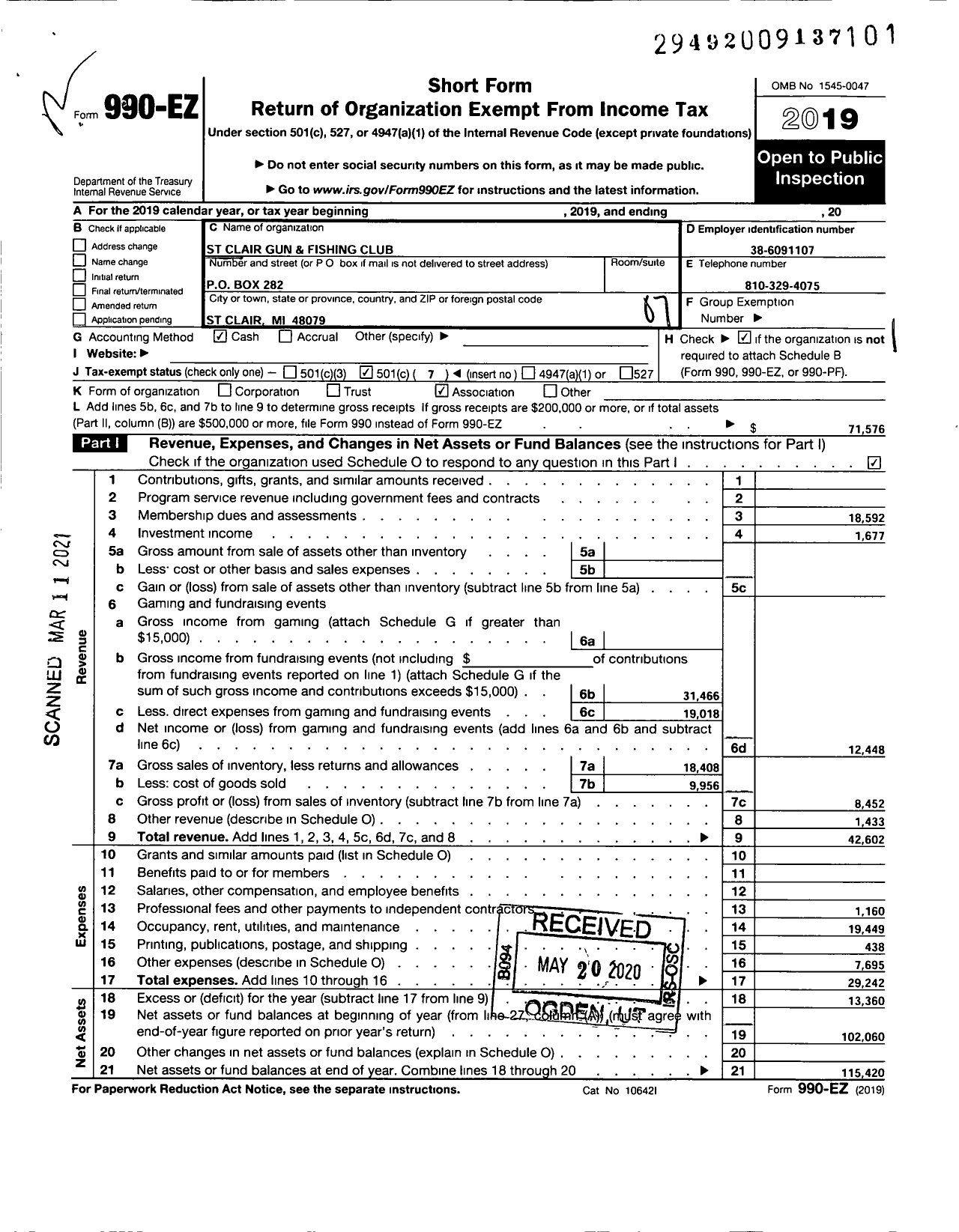 Image of first page of 2019 Form 990EO for St Clair Gun and Fishing Club