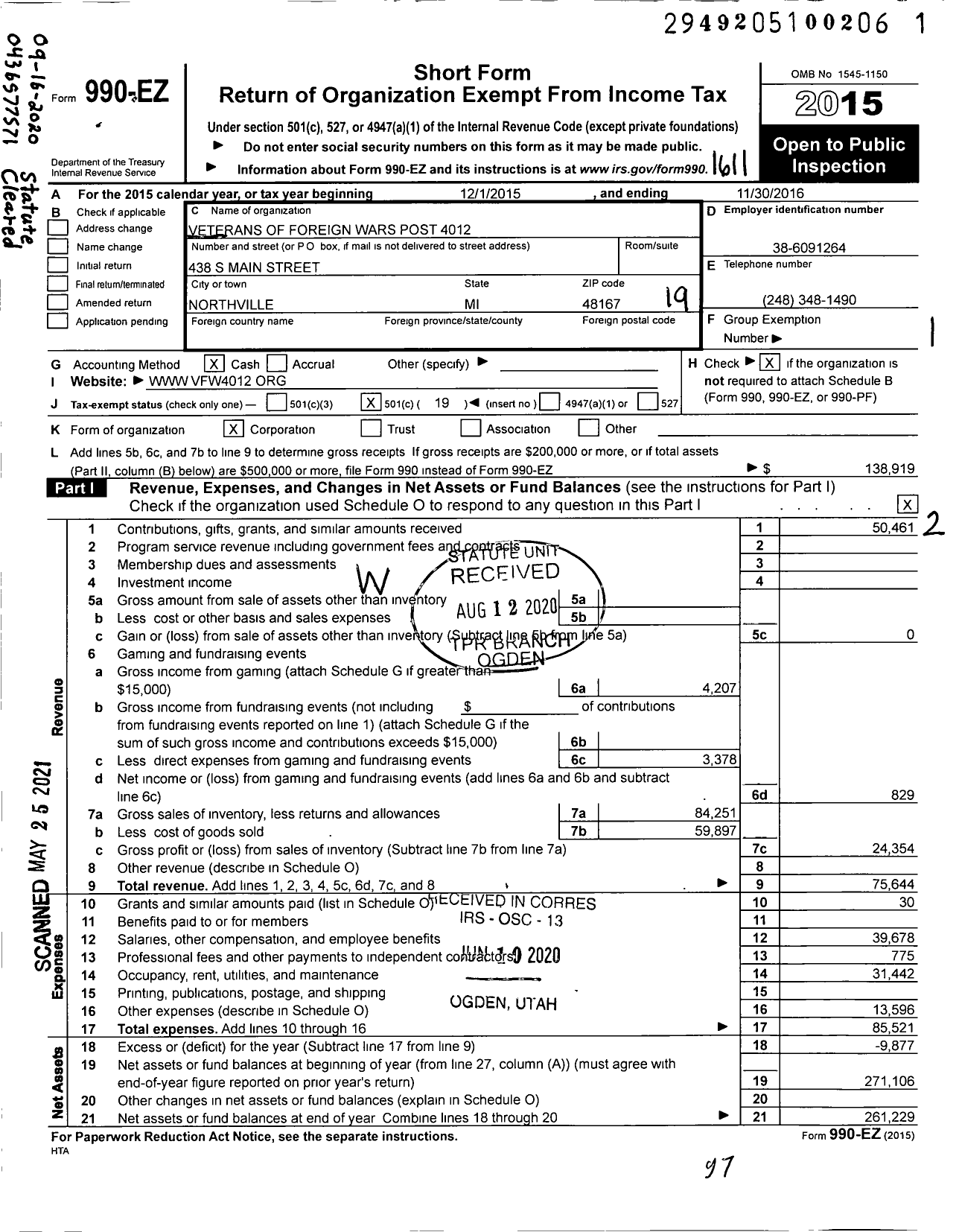 Image of first page of 2015 Form 990EO for VFW Post 4012