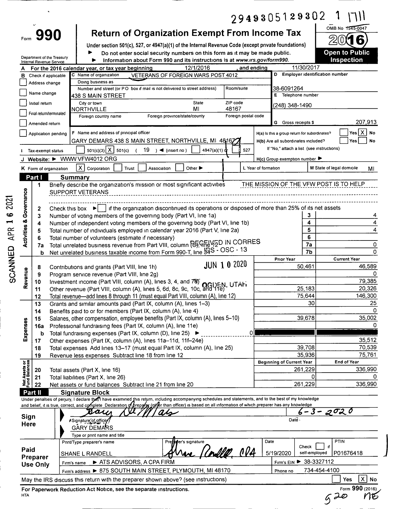 Image of first page of 2016 Form 990O for VFW Post 4012