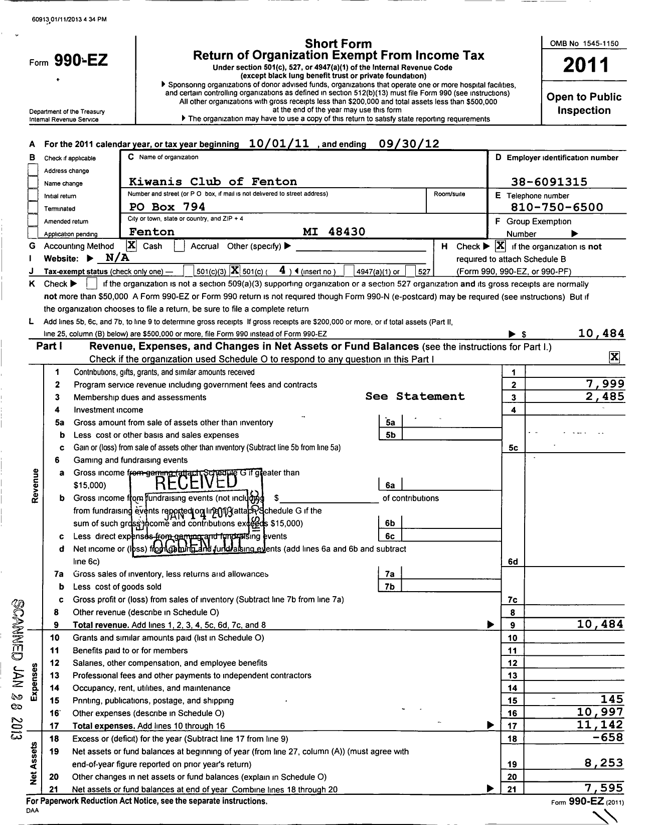 Image of first page of 2011 Form 990EO for Kiwanis Club of Fenton