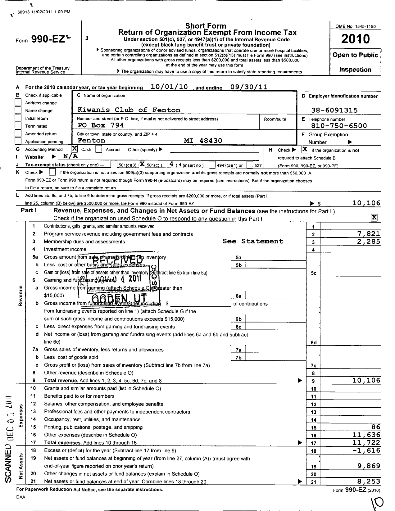 Image of first page of 2010 Form 990EO for Kiwanis Club of Fenton