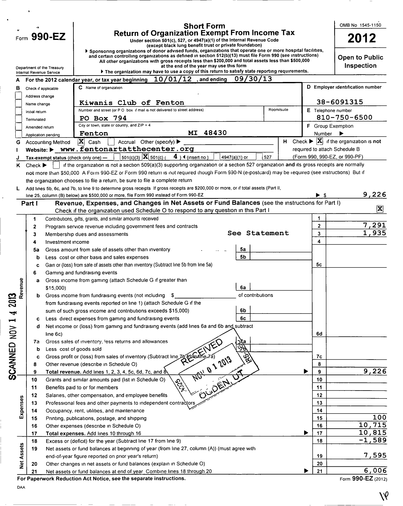 Image of first page of 2012 Form 990EO for Kiwanis Club of Fenton