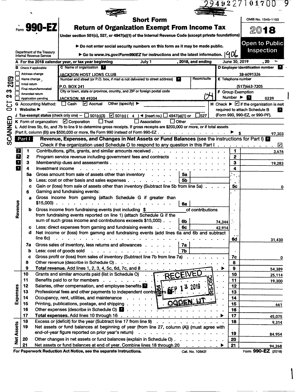 Image of first page of 2018 Form 990EO for Lions Clubs - 4566 Jackson Host