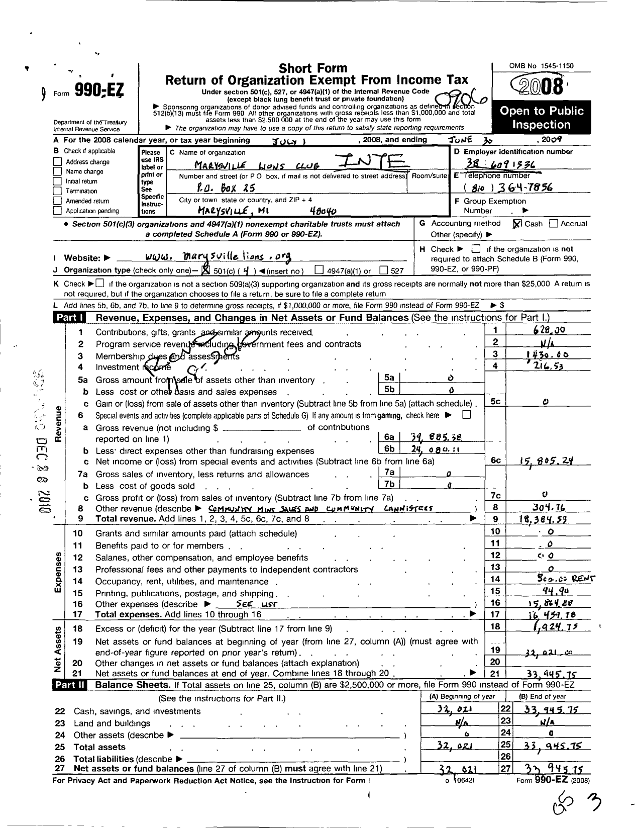 Image of first page of 2008 Form 990EO for International Association of Lions Clubs / 4507 Marysville