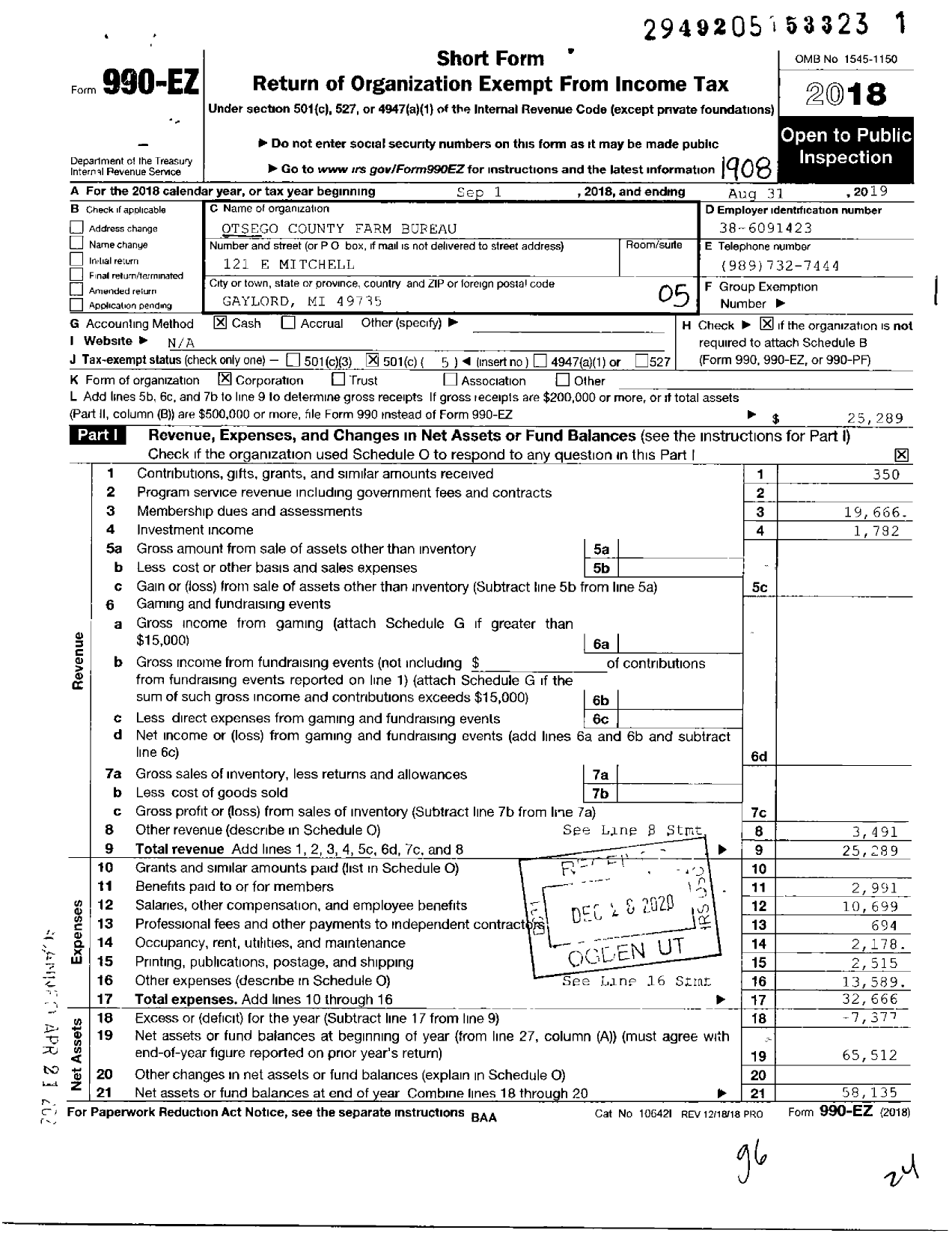 Image of first page of 2018 Form 990EO for Otsego County Farm Bureau