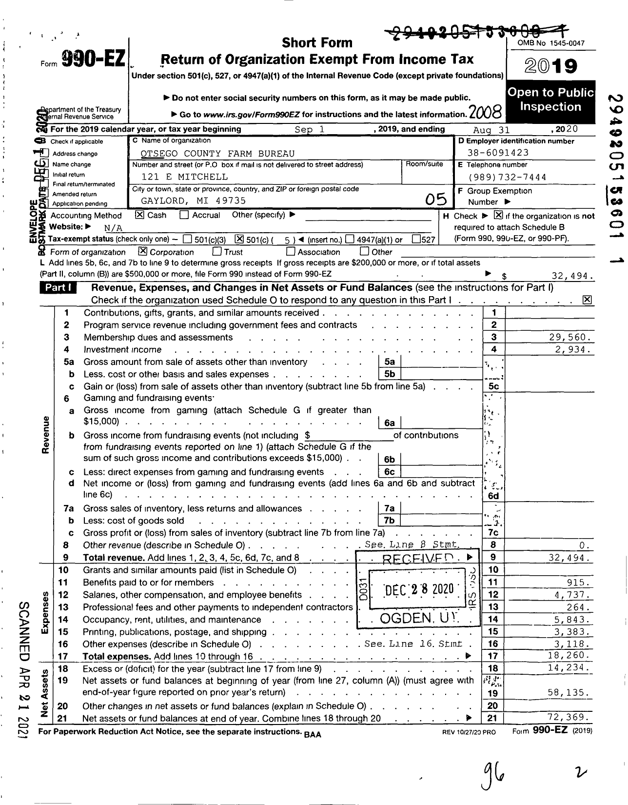 Image of first page of 2019 Form 990EO for Otsego County Farm Bureau