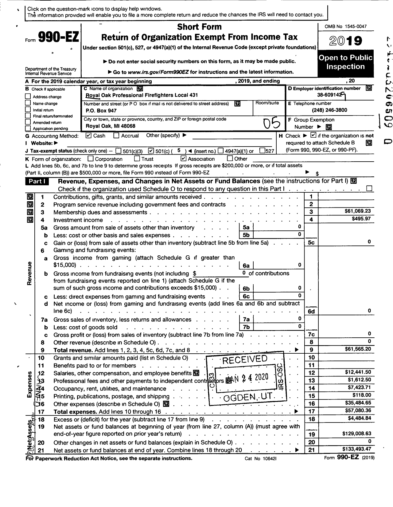 Image of first page of 2019 Form 990EO for International Association of Fire Fighters - L0431 Royal Oak