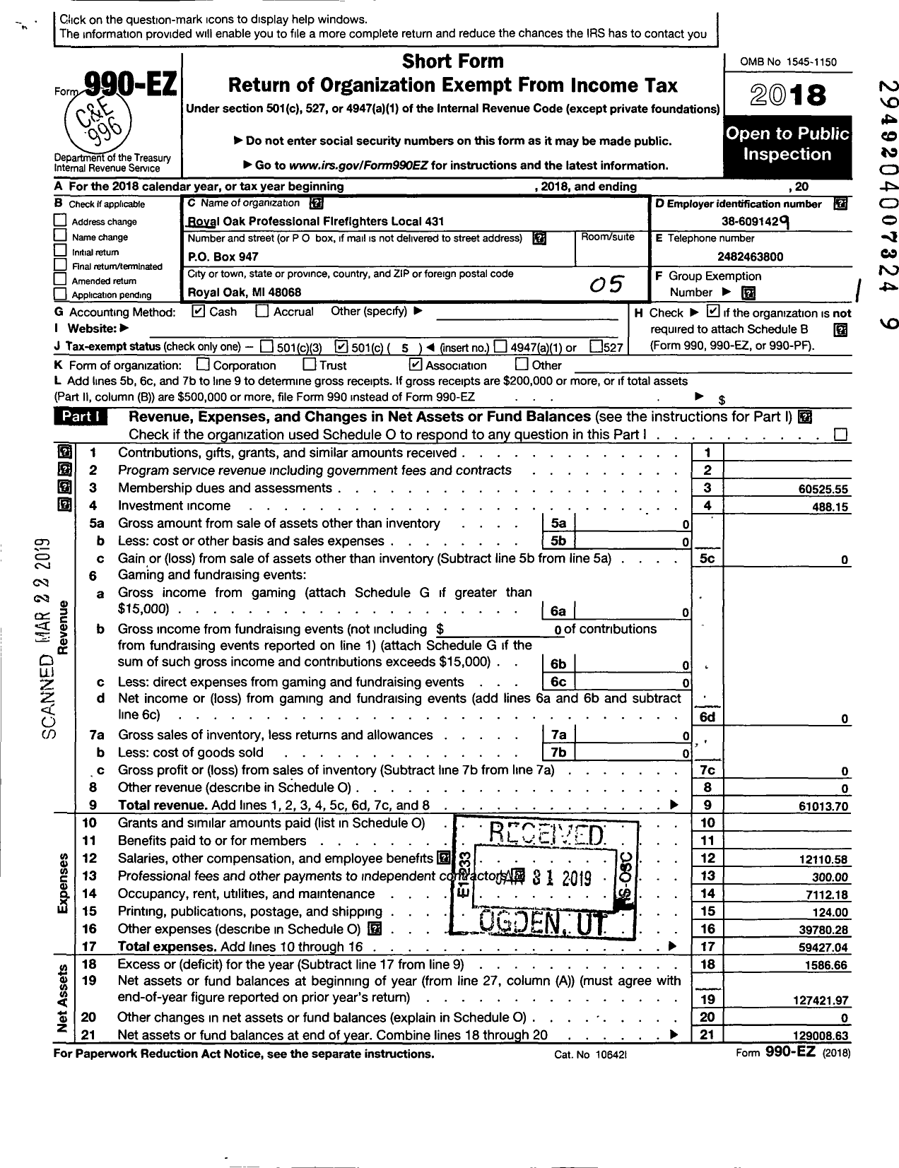 Image of first page of 2018 Form 990EO for International Association of Fire Fighters - L0431 Royal Oak