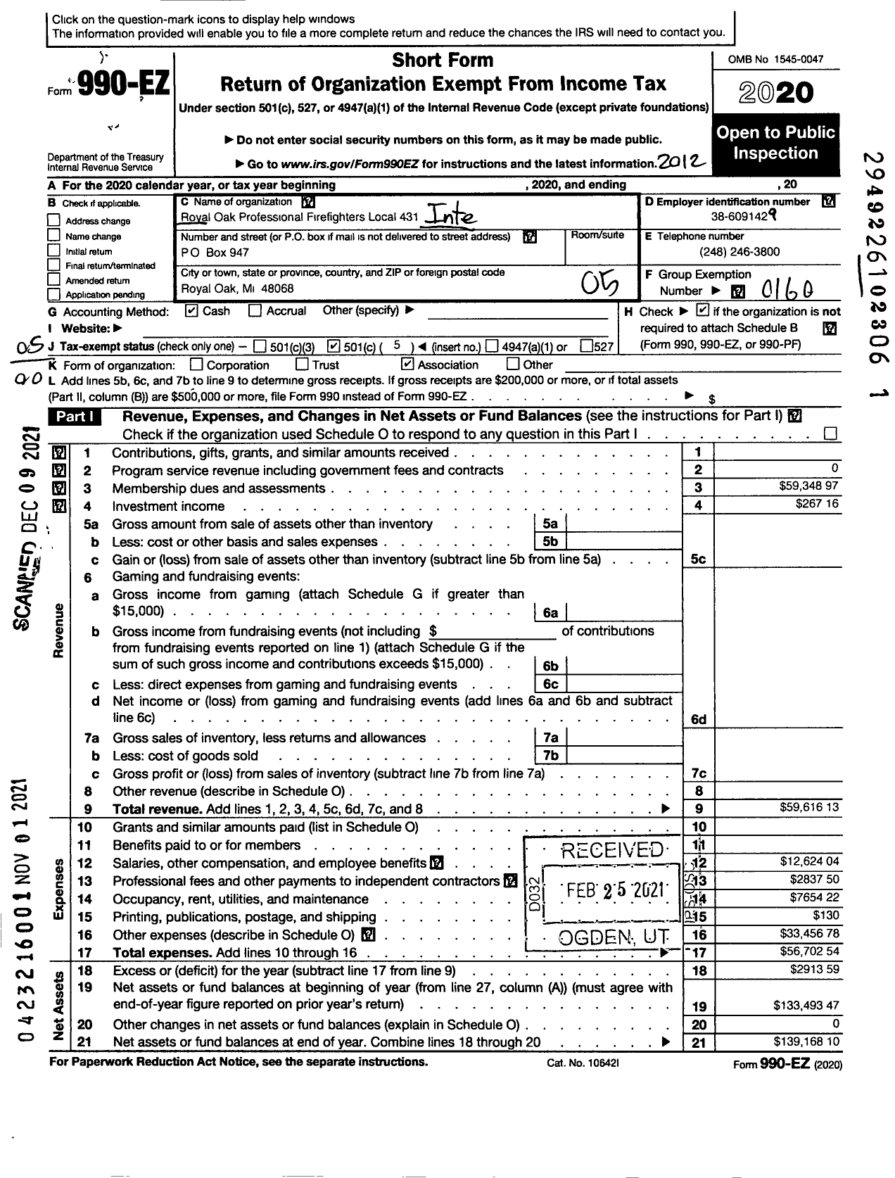 Image of first page of 2020 Form 990EO for International Association of Fire Fighters - L0431 Royal Oak