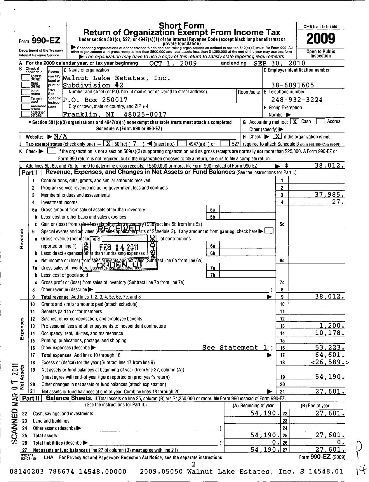 Image of first page of 2009 Form 990EO for Walnut Lake Estates