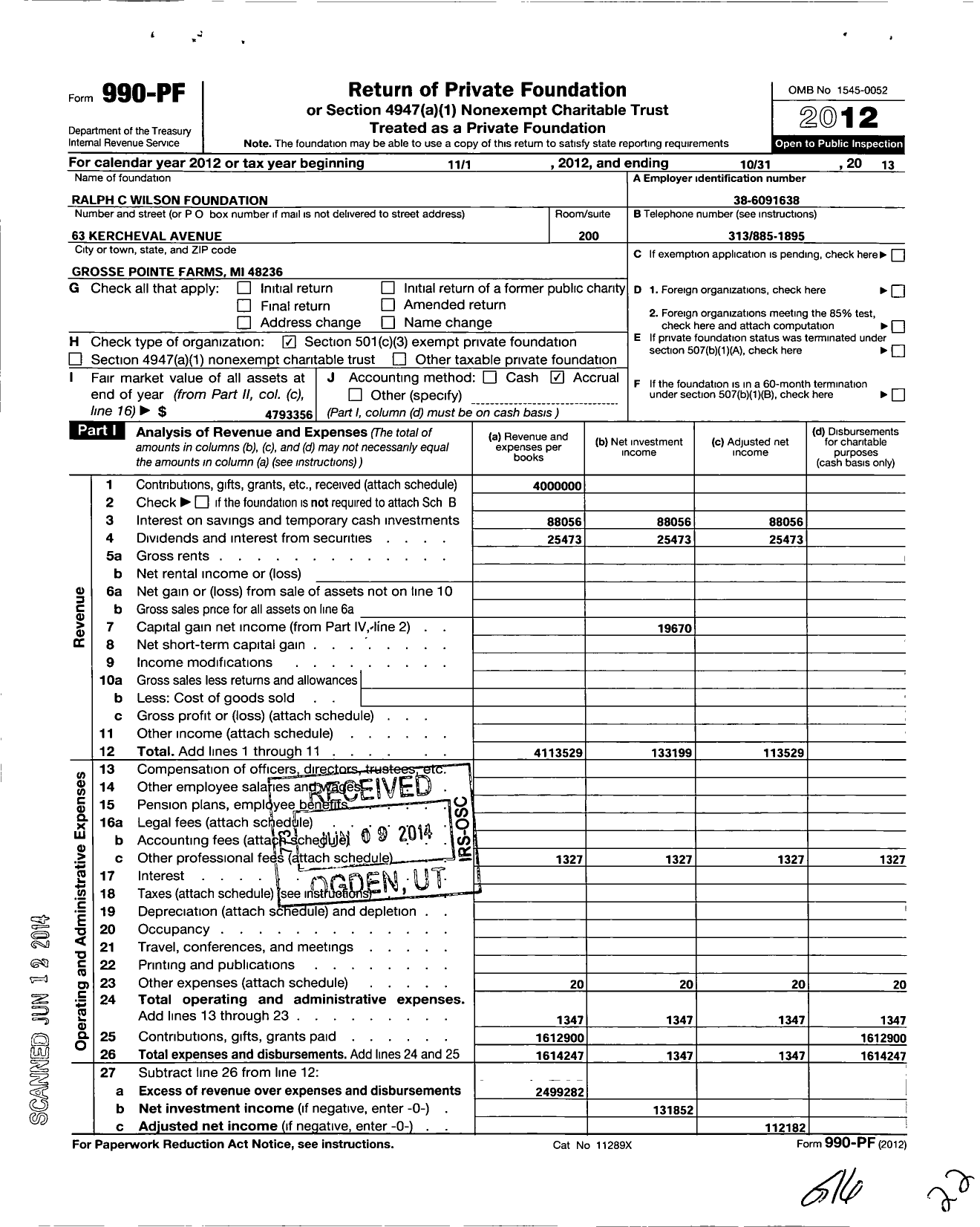 Image of first page of 2012 Form 990PF for Ralph C Wilson Foundation