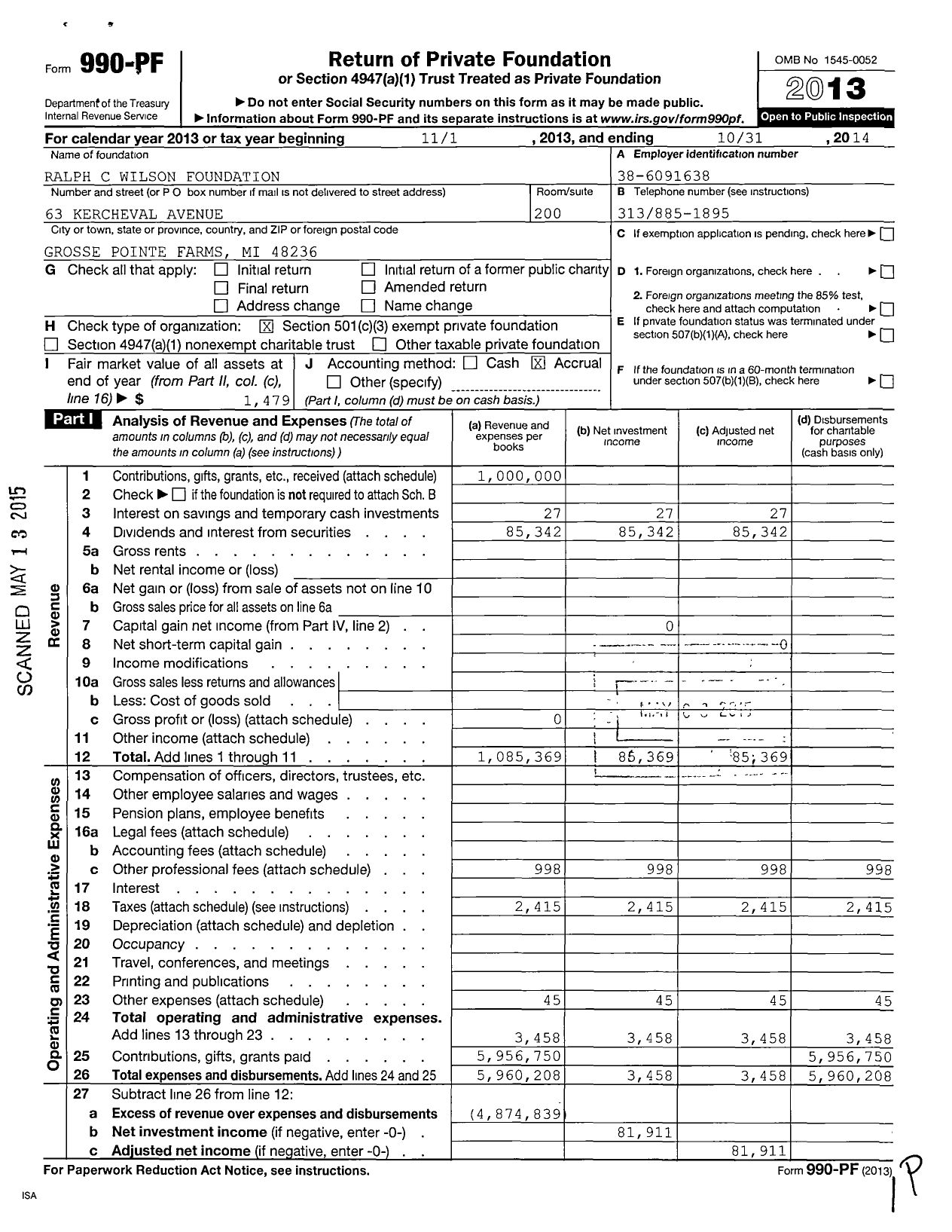 Image of first page of 2013 Form 990PF for Ralph C Wilson Foundation