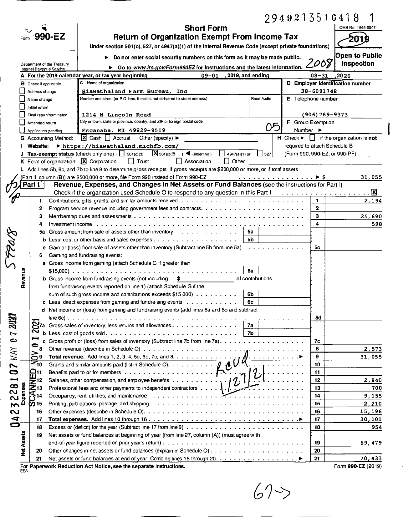 Image of first page of 2019 Form 990EO for Hiawathaland Farm Bureau