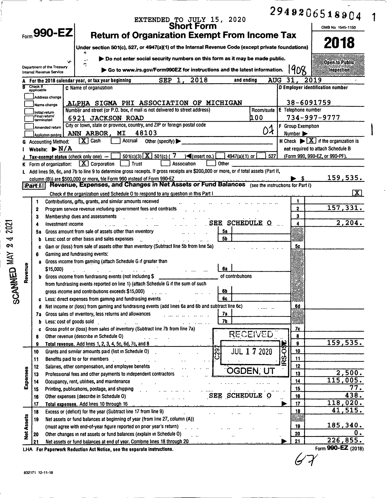 Image of first page of 2018 Form 990EO for Alpha Sigma Phi Association of Michigan