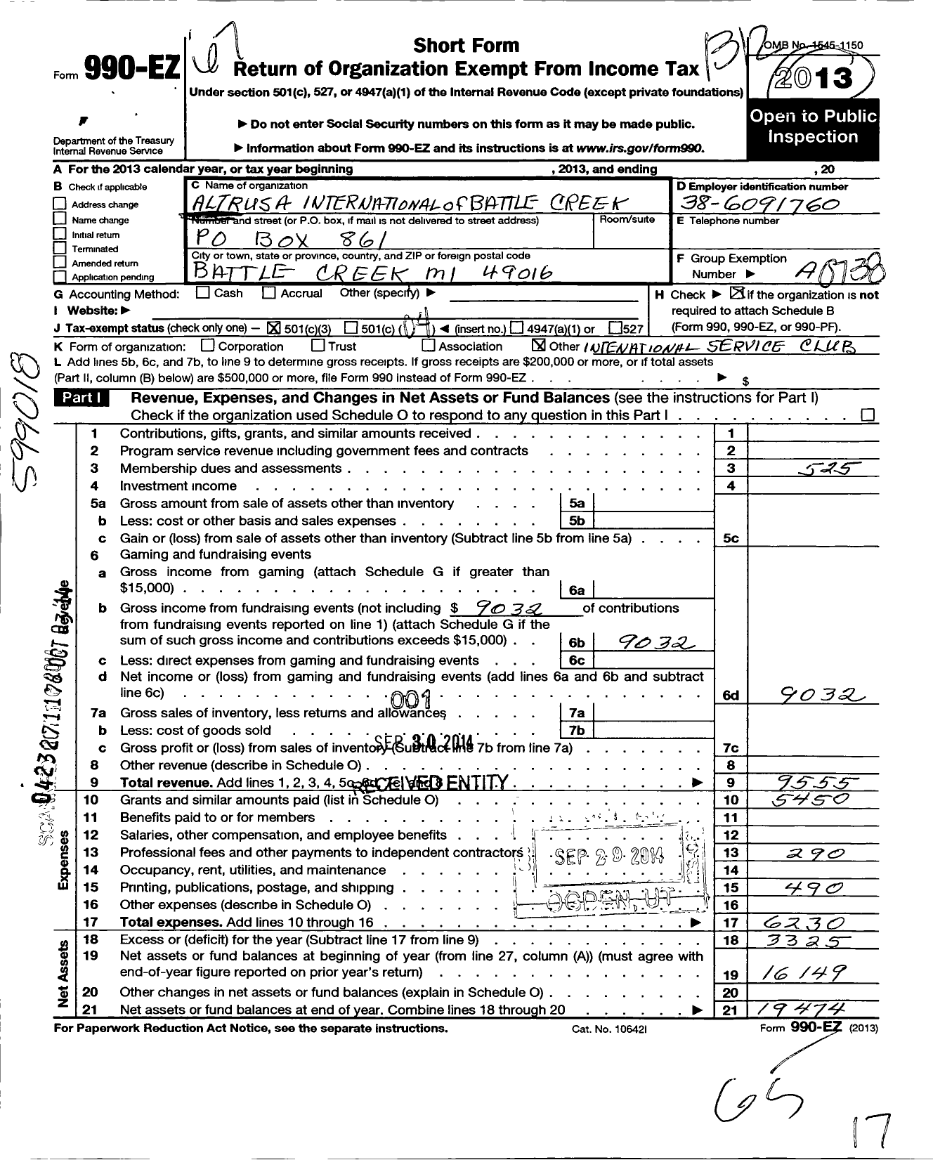 Image of first page of 2013 Form 990EO for Altrusa International / Battle Creek