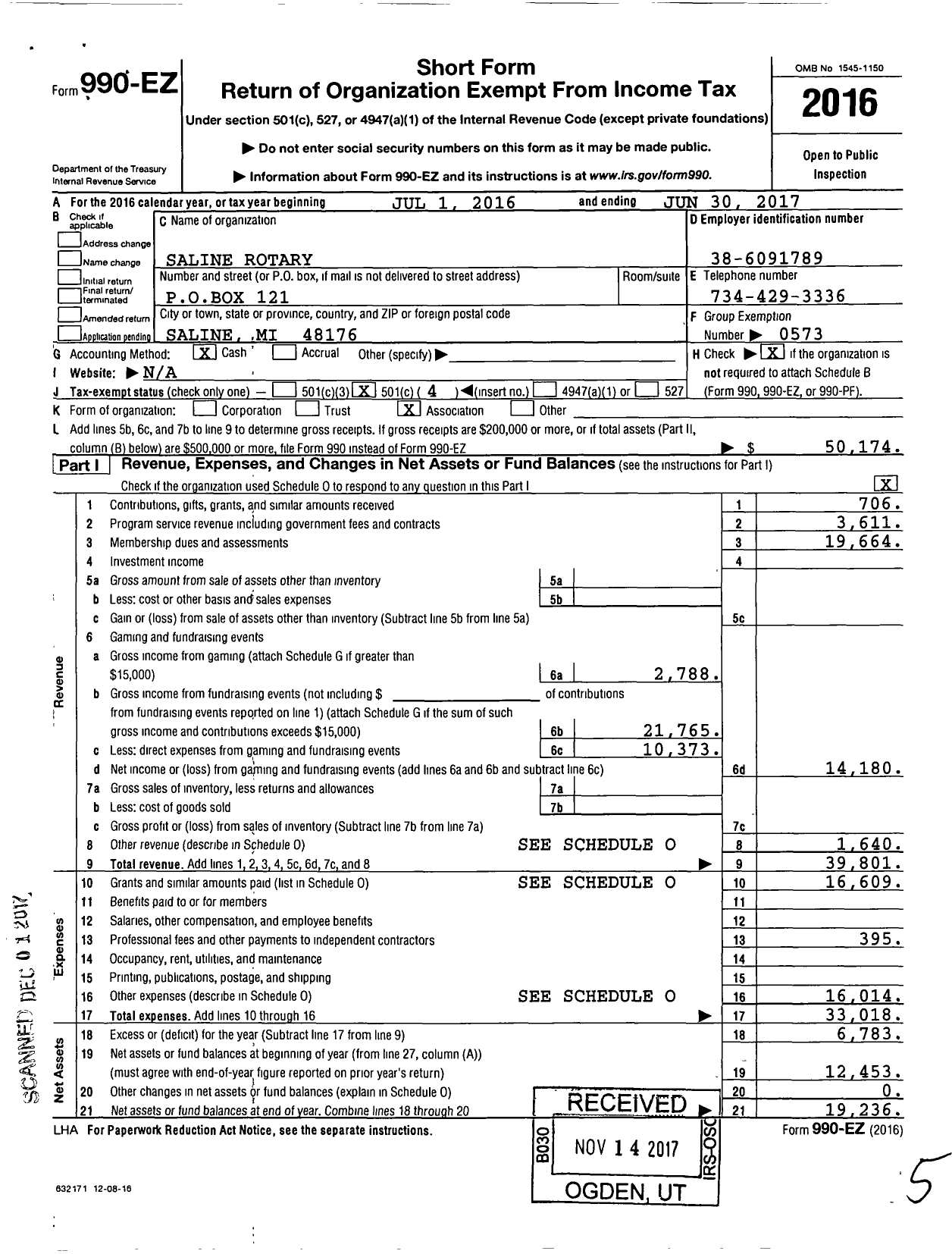 Image of first page of 2016 Form 990EO for Rotary International - Saline Rotary Club