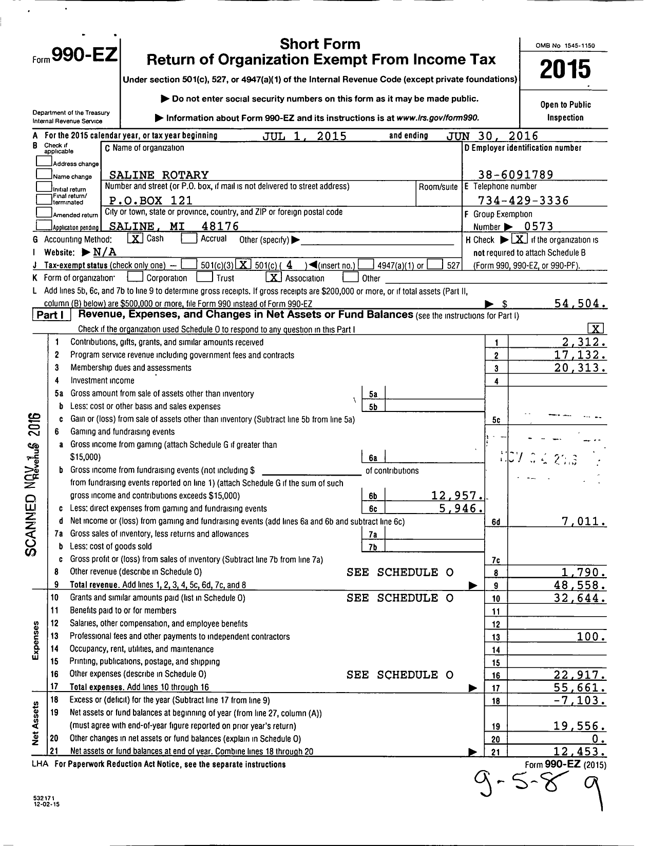 Image of first page of 2015 Form 990EO for Rotary International - Saline Rotary Club