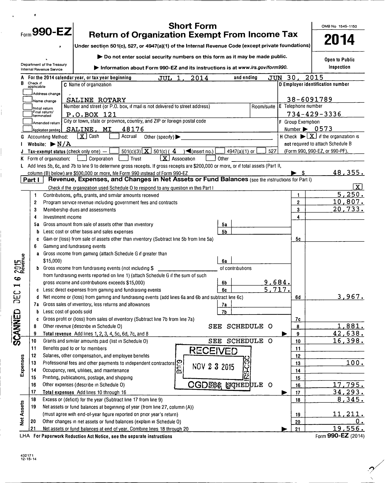 Image of first page of 2014 Form 990EO for Rotary International - Saline Rotary Club