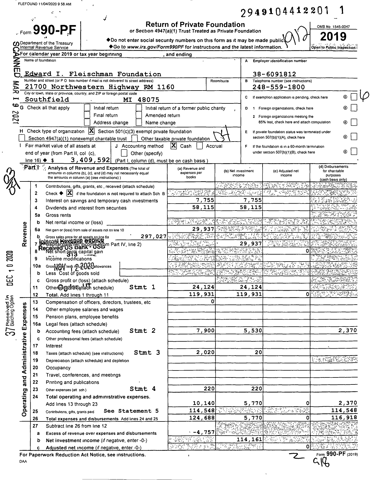 Image of first page of 2019 Form 990PF for Edward I Fleischman Foundation