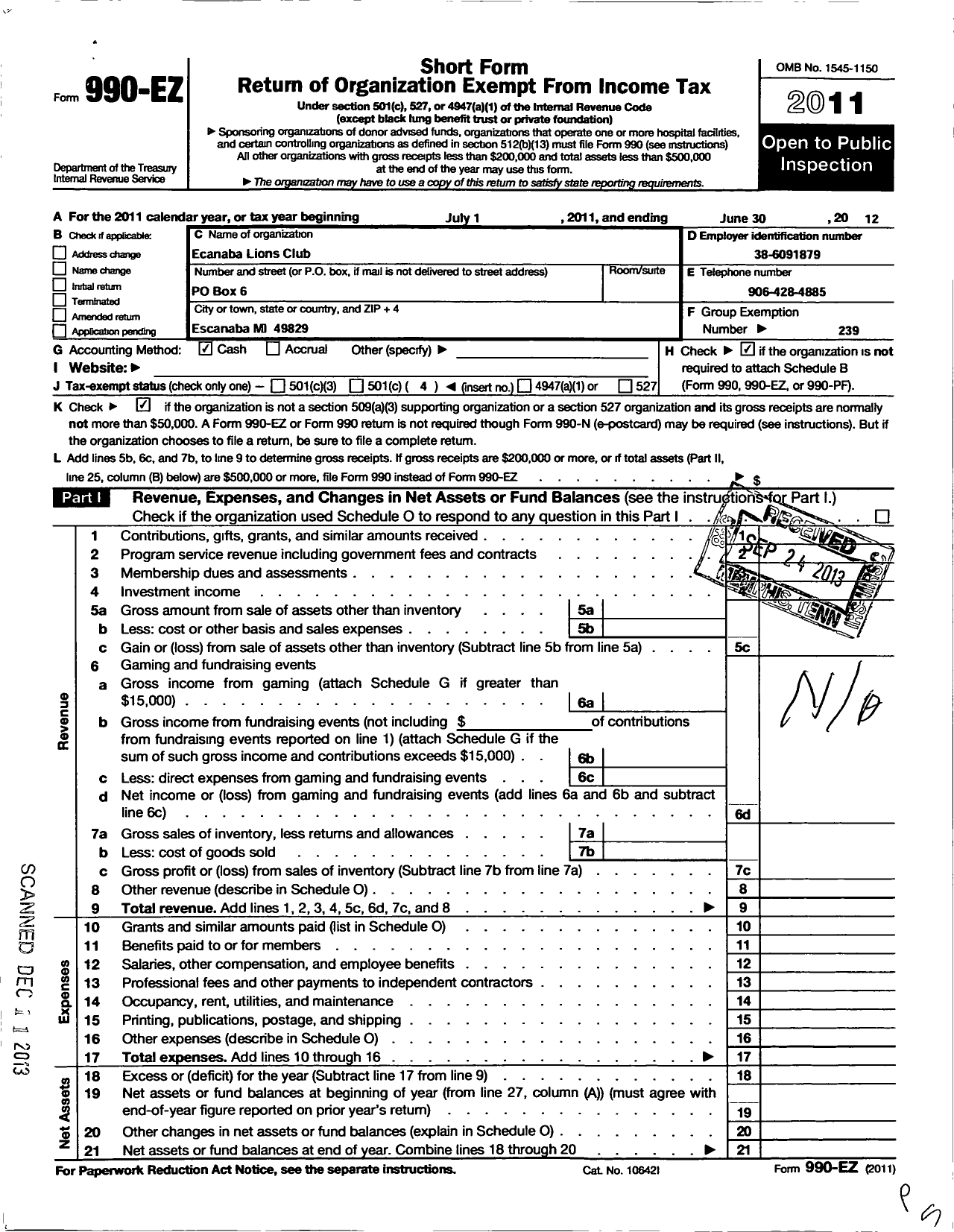 Image of first page of 2011 Form 990EO for Lions Clubs - 4373 Escanaba