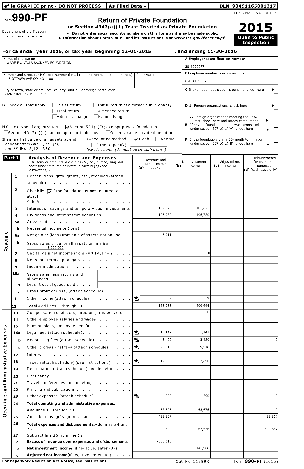 Image of first page of 2015 Form 990PF for Wade E and Viola Sackner Foundation