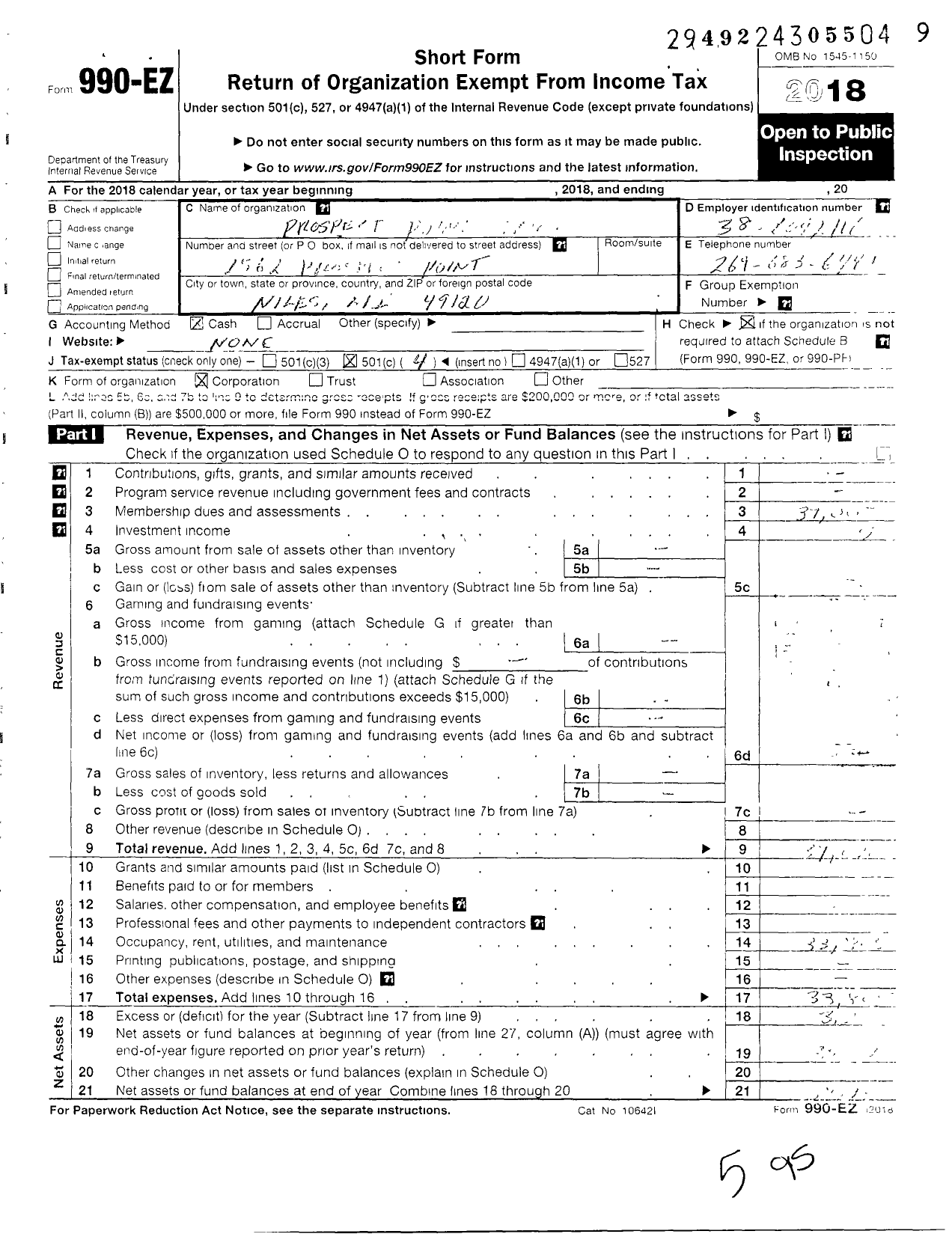 Image of first page of 2018 Form 990EO for Prospect Point