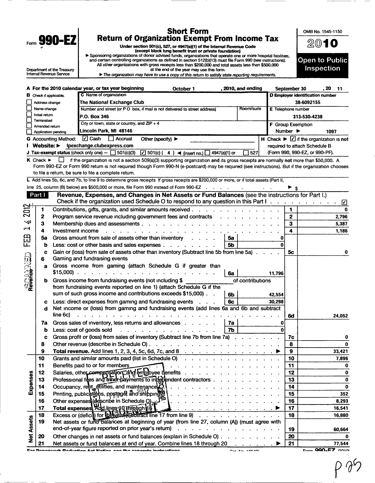 Image of first page of 2010 Form 990EO for National Exchange Club - 1632 Lincoln Park