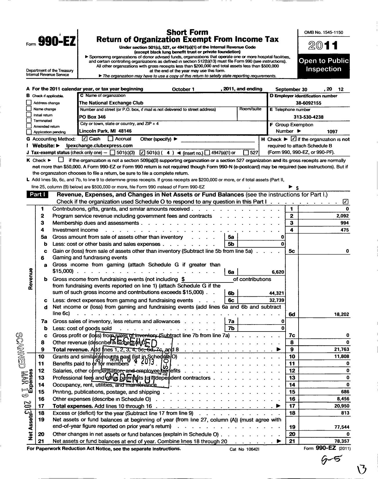 Image of first page of 2011 Form 990EO for National Exchange Club - 1632 Lincoln Park