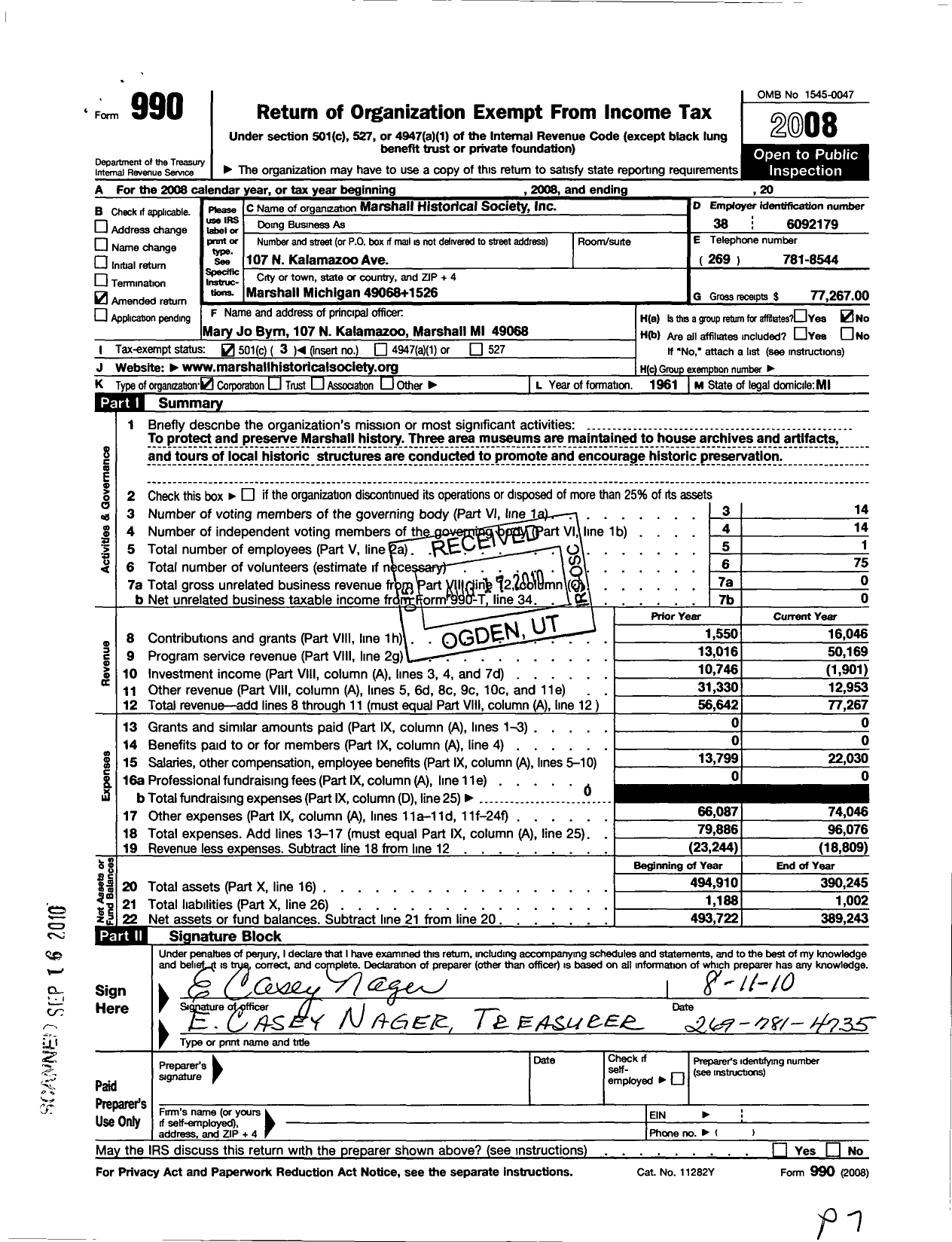 Image of first page of 2008 Form 990 for Marshall Historical Society