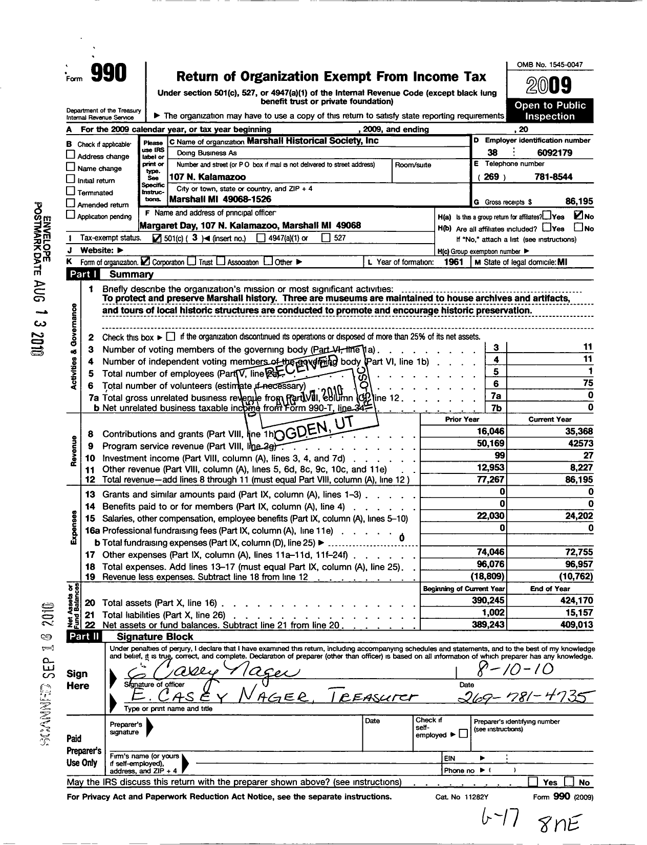 Image of first page of 2009 Form 990 for Marshall Historical Society